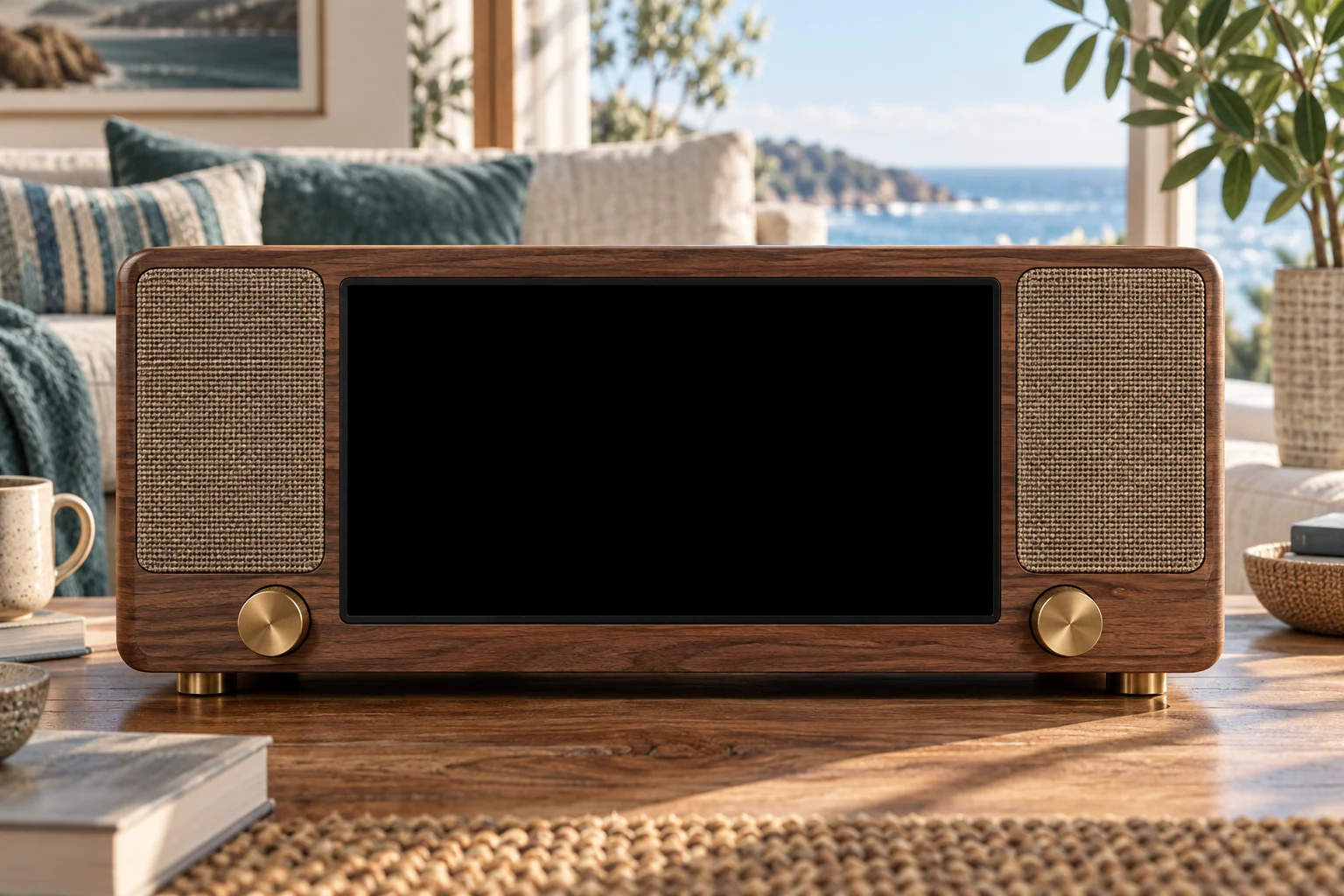 A walnut radio in a sunny coastal living room