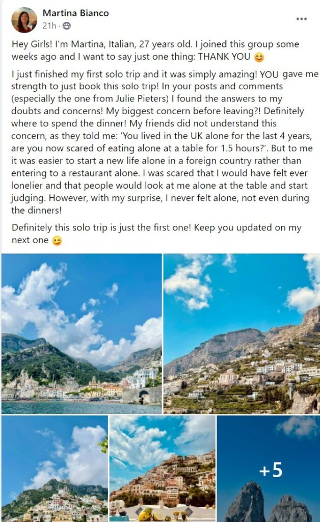 Solo Female Travel Facebook Group Testimonial